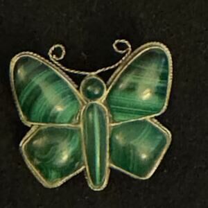 Vintage Sterling and Malachite Butterfly Brooch Pin Russia 1"